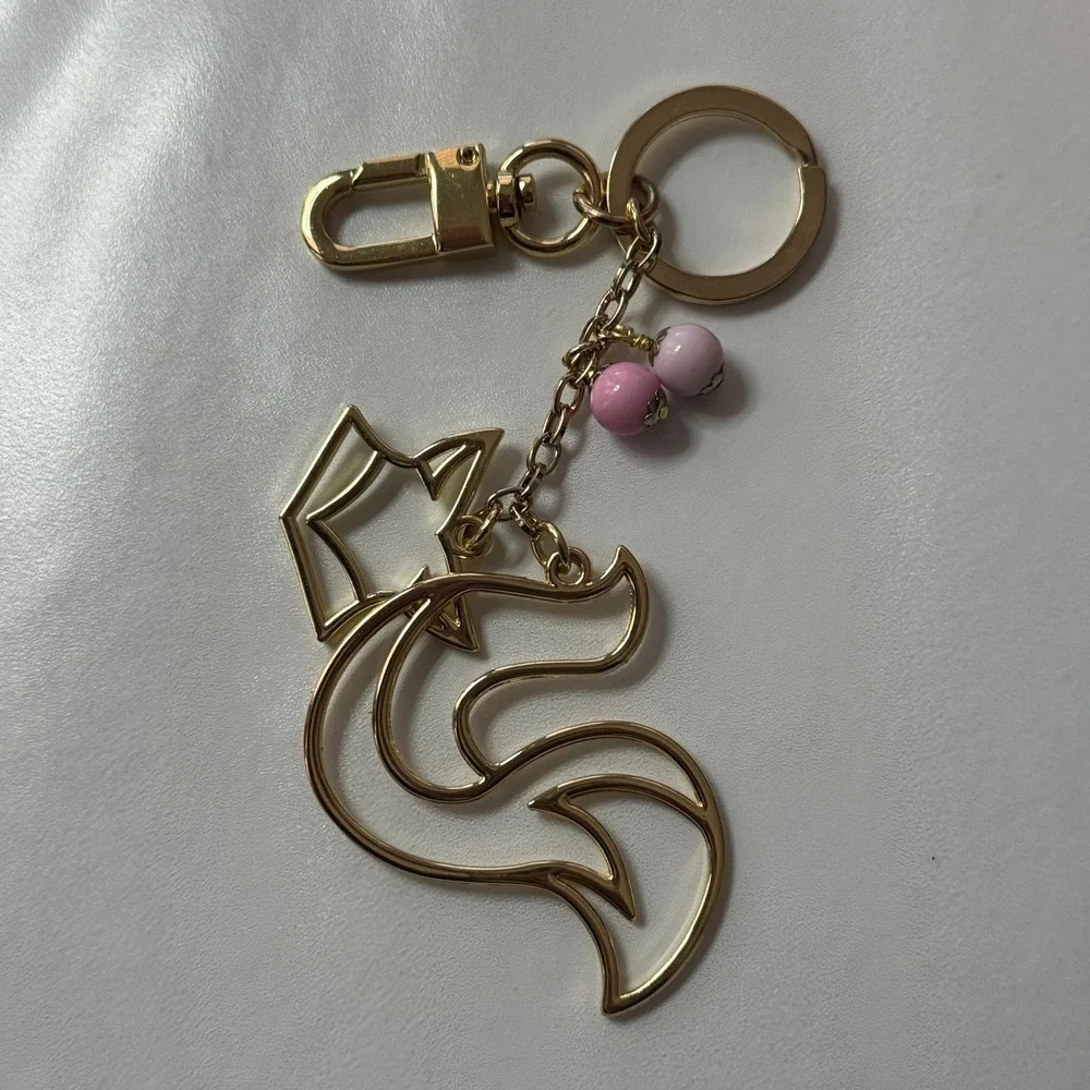Gold Tone Fox Charm Keychain with Pink Beads‎ and Clip Key Ring Womens